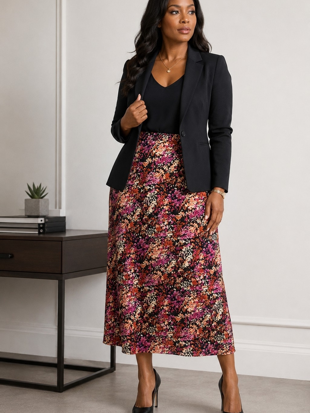J.B.S. Ltd. Floral Maxi Skirt Size Large Elastic Waist Pink Orange Warm Tones.